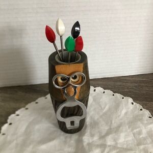 Vtg Wood Owl Bottle Opener Cocktail Pick Holder